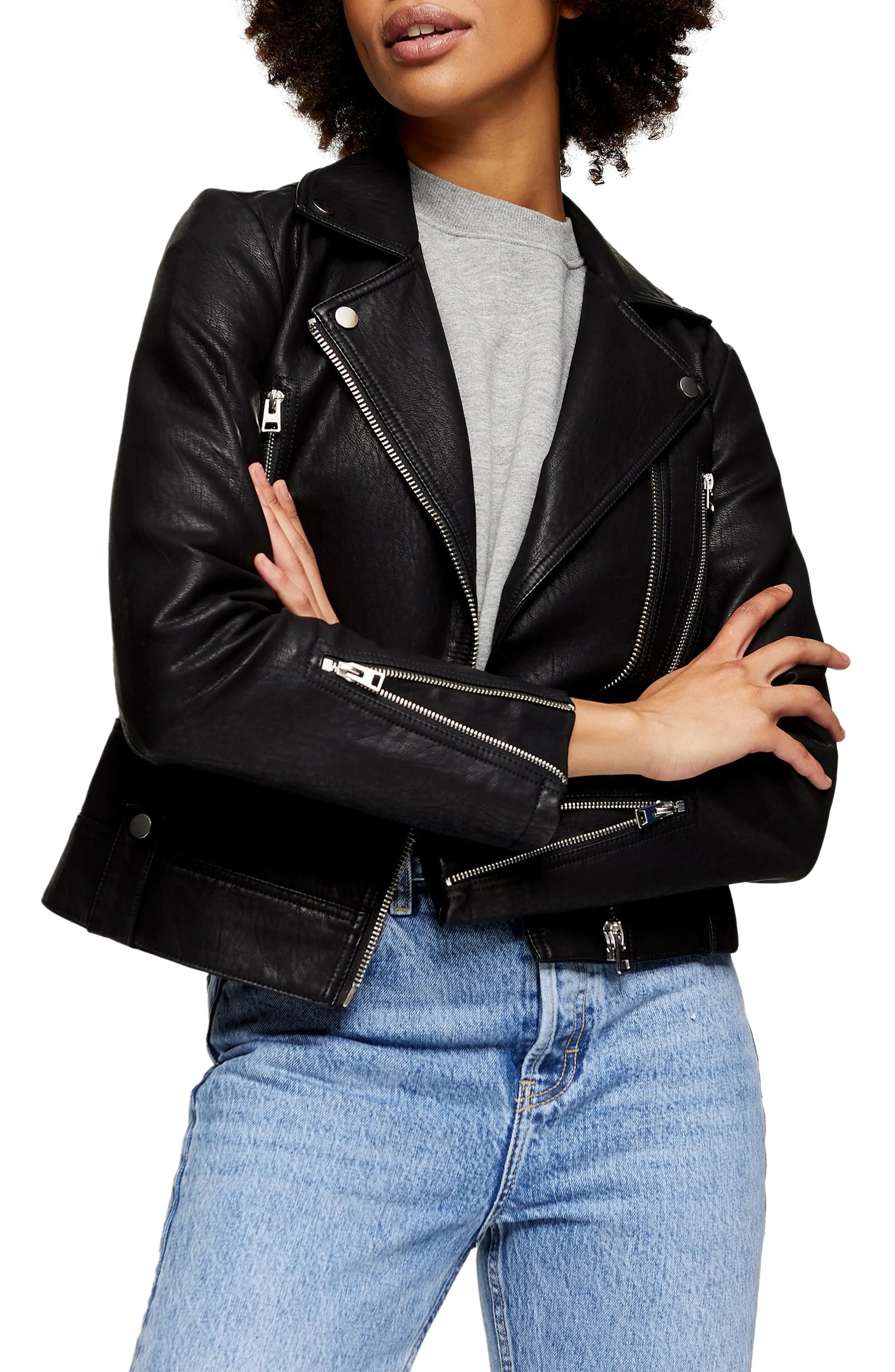Women's Topshop Fred Faux Leather Biker Jacket, Size 10 US - Black | Nordstrom