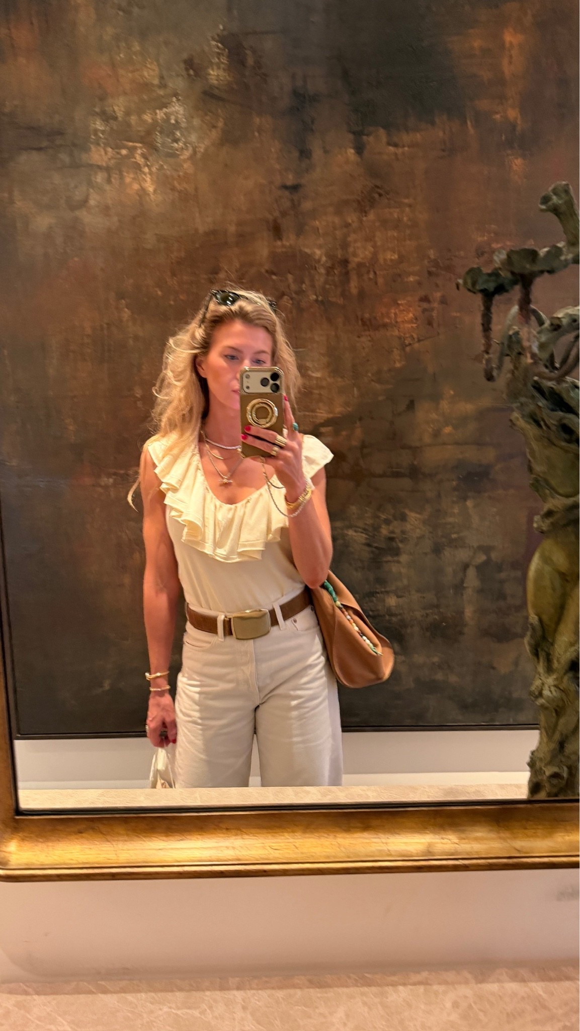 All cream for a day of shopping at fashion island. 

Cream ruffle top: TTS, wearing a S
Ivory barrel jeans: run TTS, wearing 25
Nude suede ballet flats: TTS

Classic Ray bans, cognac leather Parker Thatch bag, Dorsey tennis necklace, matte gold suede belt, mixed metal tbar necklace

#LTKootd #LTKgrwm #LTKdayinmylife