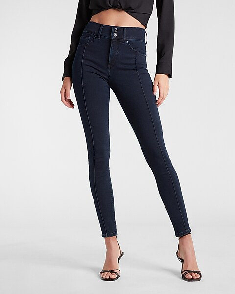 High Waisted Dark Wash Seamed Skinny Jeans | Express