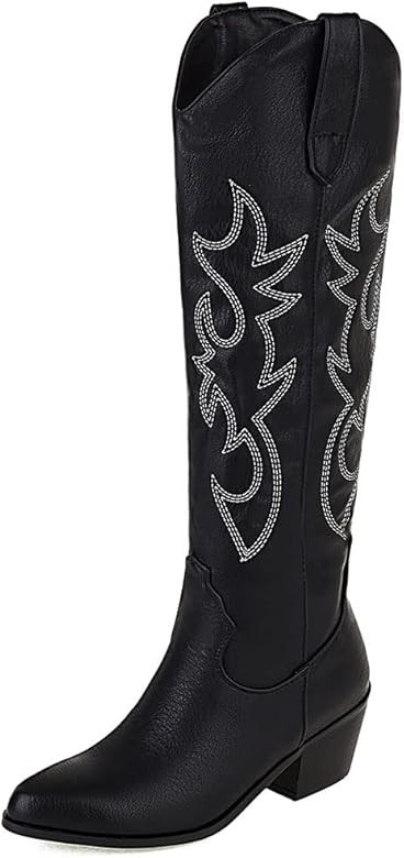 Vimisaoi Cowboy Boots for Women, Fashion Retro Pointed Toe Pull On Wide Calf Long Tall Block Chunky  | Amazon (US)