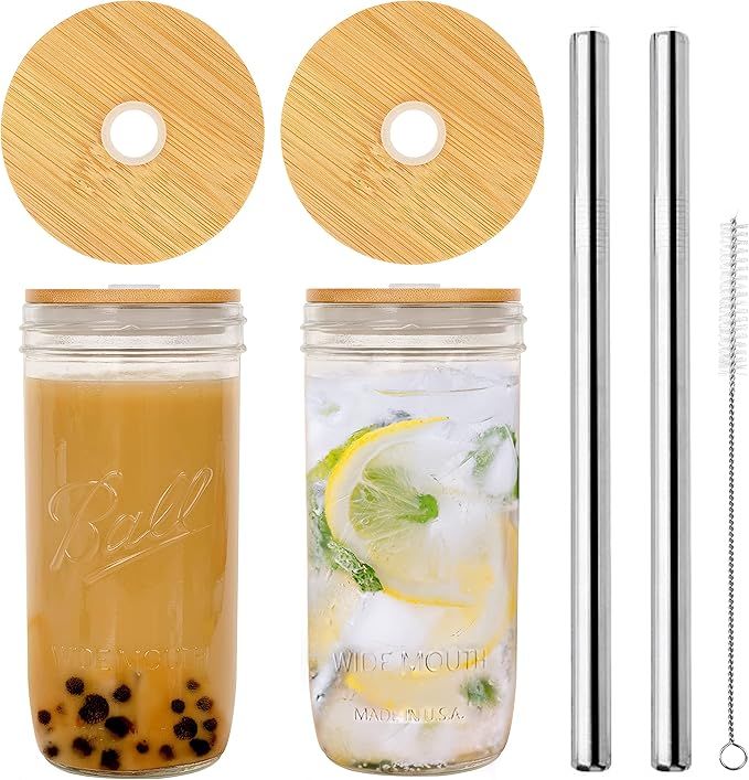 Mason Jar with Lid and Straw, 24oz Wide Mouth Mason Jar Drinking Glasses Tumbler, Transparent Sil... | Amazon (US)