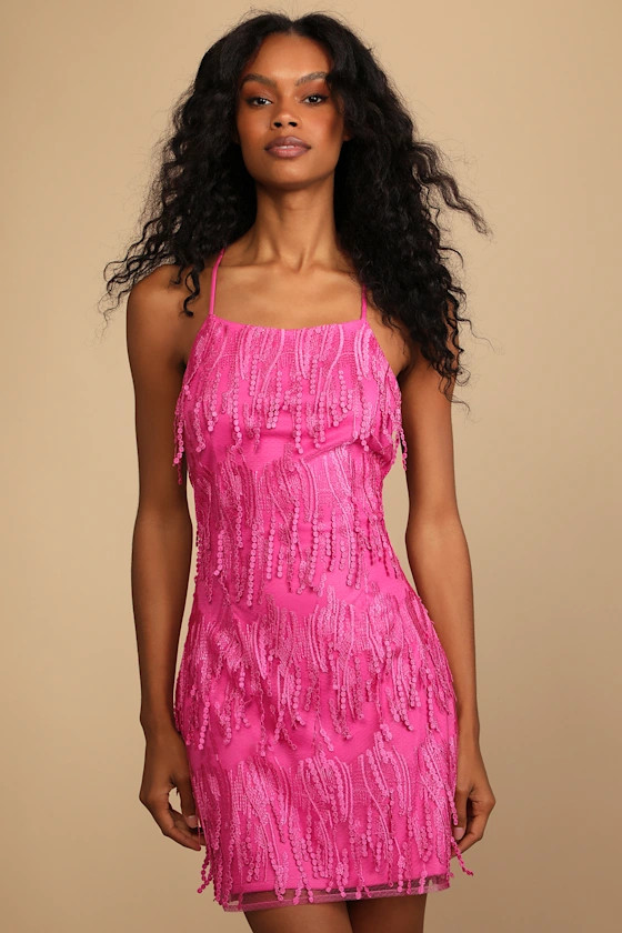 Making Magic Bright Pink Fringe Lace-Up Mini Dress | Lulus (US)