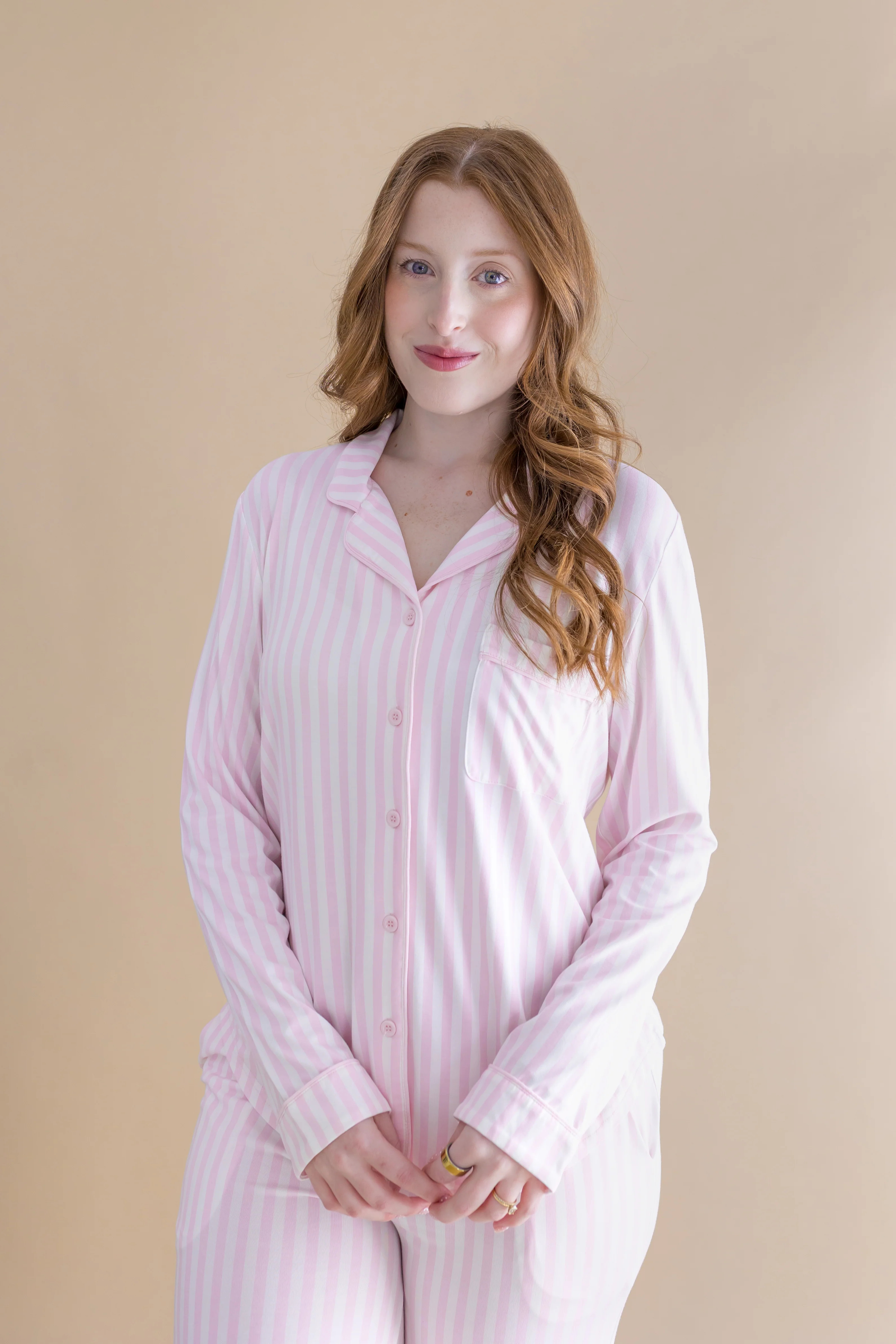 Bamboo Long-Sleeved Women's Pajama Set in Small Sakura Stripe | Kyte Living