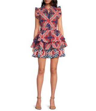 Ro's Garden Bimba Woven Floral Print Split Tie Neck Flutter Sleeve Tiered Mini Dress | Dillard's | Dillard's