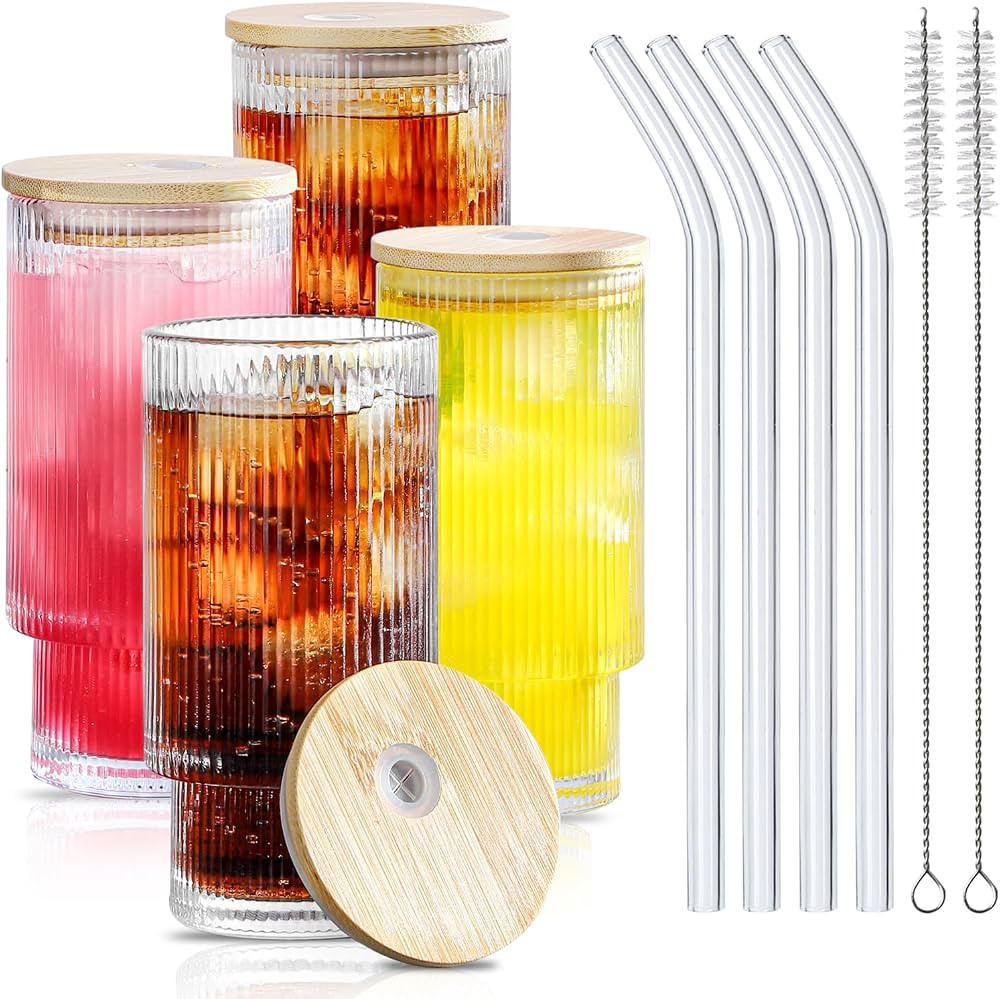 4 Pcs Set Ribbed Drinking Glasses, 11 oz Ribbed Glass Cups with Bamboo Lids and Glass Straw, Iced... | Amazon (US)