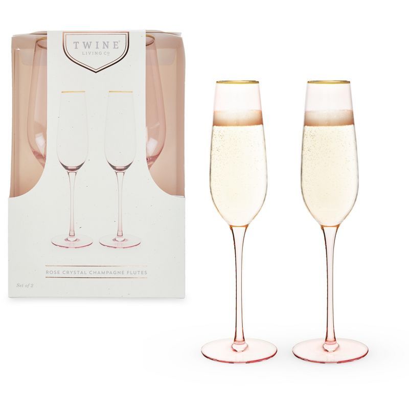 Twine Rose Champagne Flutes, Gold Rimmed Pink Tinted Crystal Wine Glass Set, Stemmed Sparkling Wi... | Target