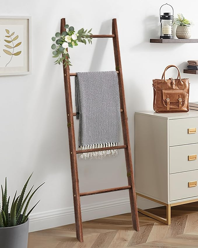 Blanket Ladder for Living Room, 5-Tier Wooden Ladder Shelf, Rustic Decorative Blanket Rack for Bl... | Amazon (US)