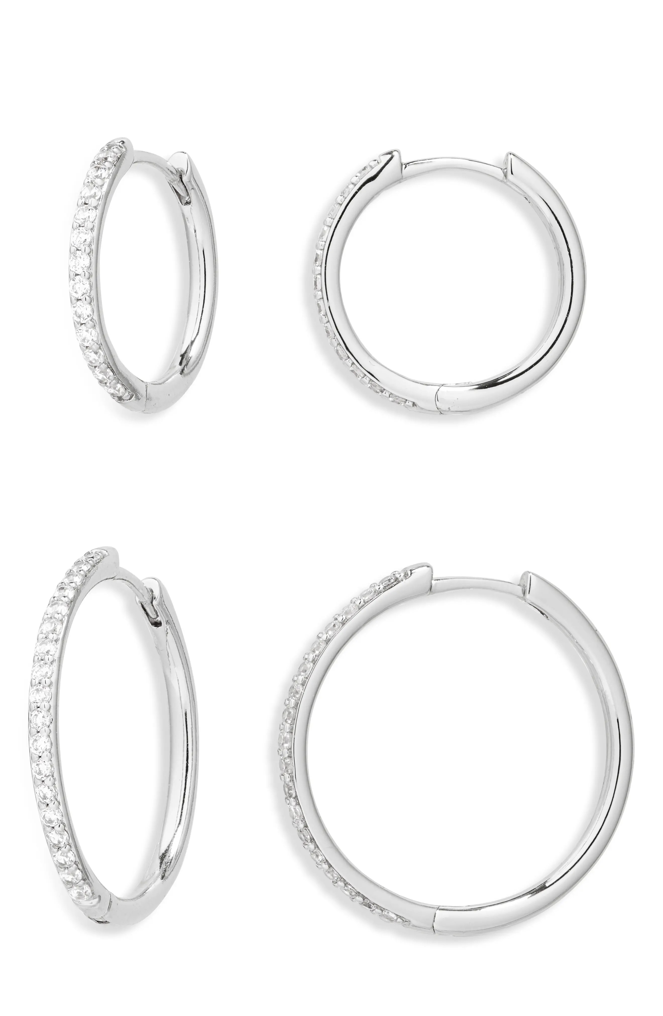Set of 2 Cubic Zirconia Pav\u00e9 Skinny Hoop Earrings (Women) | Nordstrom | Nordstrom
