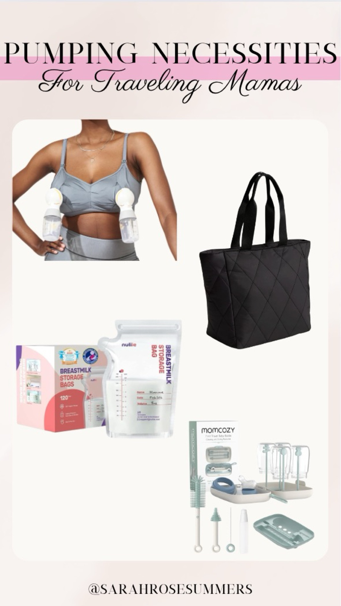 Pumping necessities for traveling mamas. The bodily do anything bra currently on sale. The Vera Bradley lunch tote is the perfect cooler to store breast milk. Nuliie breast milk storage bags. Momcozy Bottle Brush Set for travel. 

#LTKBump #LTKTravel #LTKBaby