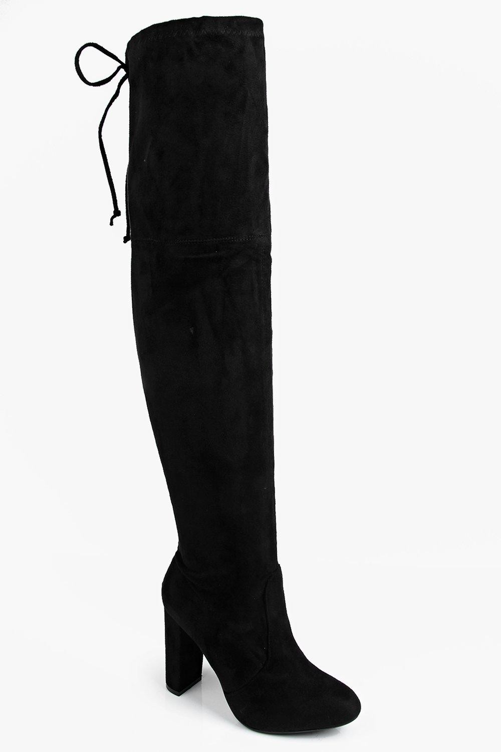 Block Heel Lace Up Back Thigh High Boots | Boohoo.com (US & CA)