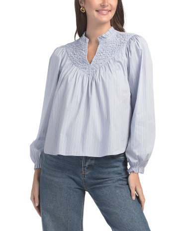Split Neck Long Sleeve Striped Oversized Blouse For Women, Spandex/Cotton | TJ Maxx