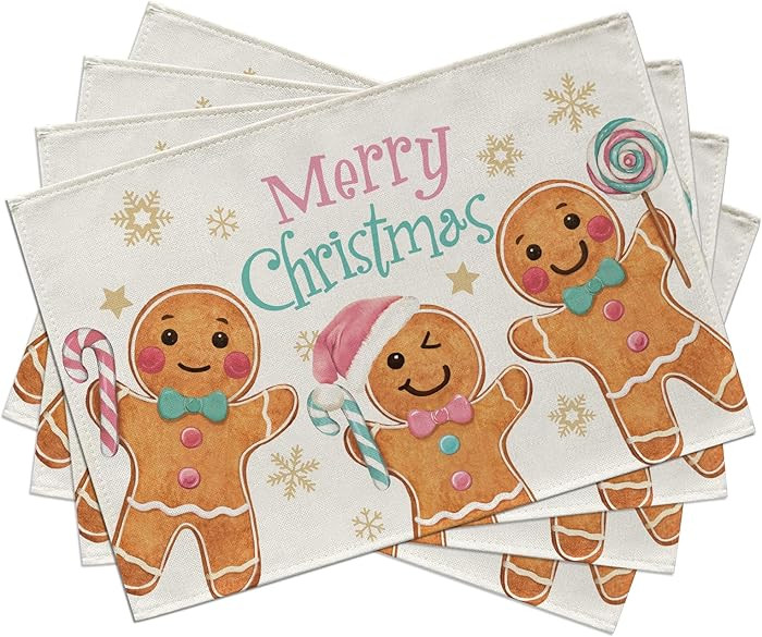 Seliem Merry Christmas Gingerbread Man Placemats Set of 4, Pink Green Xmas Peppermint Candy Snowf... | Amazon (US)