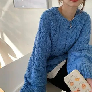 Plain Long-Sleeve Crew-Neck Cable Knit Sweater Blue - One Size | YesStyle Global