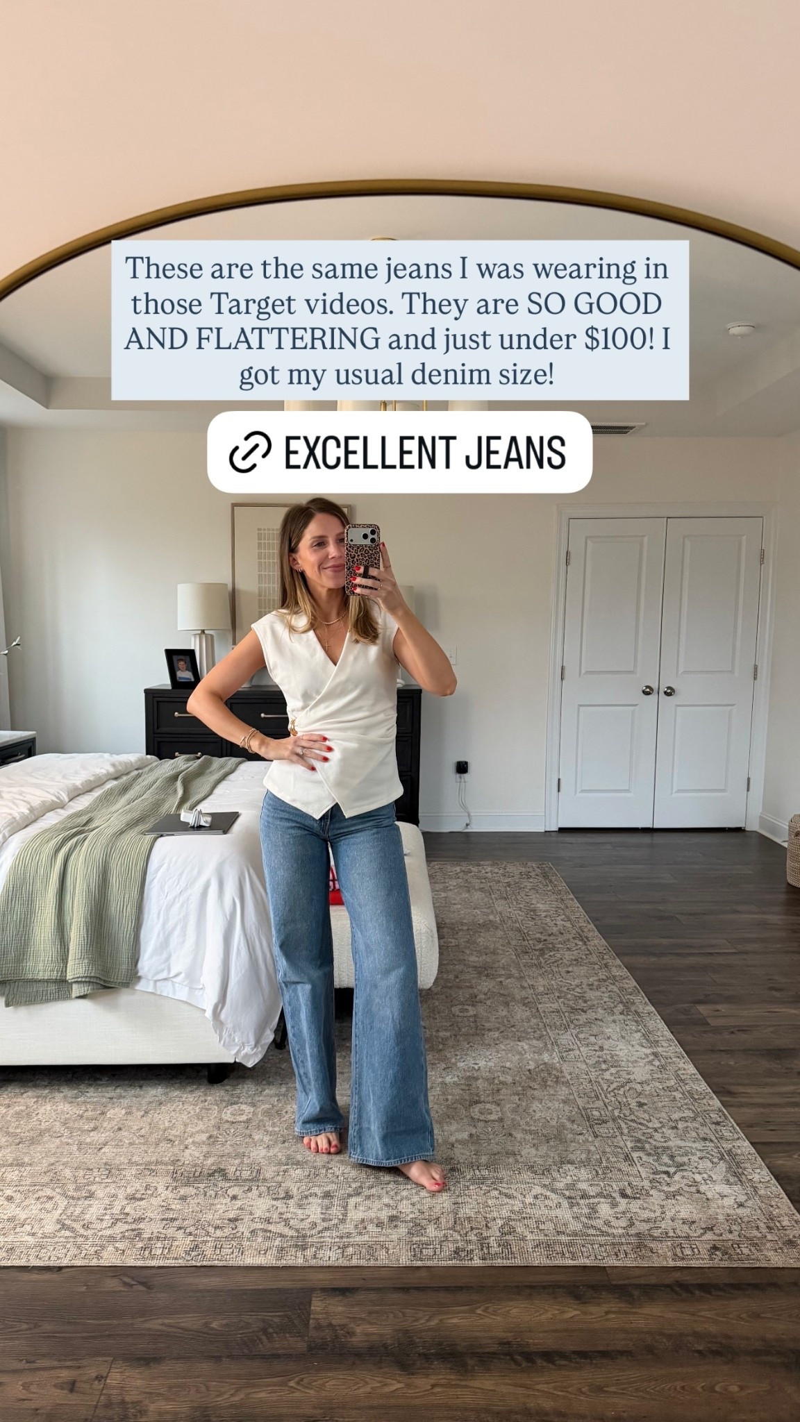 These are the same jeans I was wearing in those Target videos. They are SO GOOD AND FLATTERING and just under $100! I got my usual denim size!