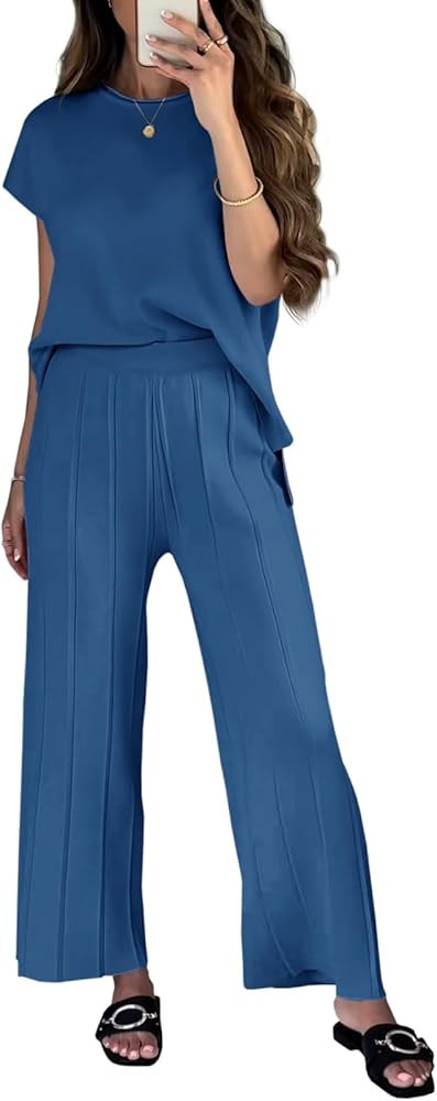 Tankaneo Womens Sweater Lounge Sets Knit Cap Sleeve Vest Tops and Pleated Pants 2 Piece Outfits M... | Amazon (US)