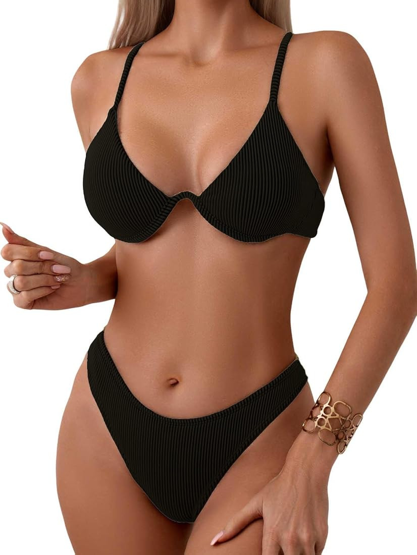 Women's Sexy Two Piece Undewrwire Thong Triangle Bikini Bathing Swimsuits | Amazon (US)
