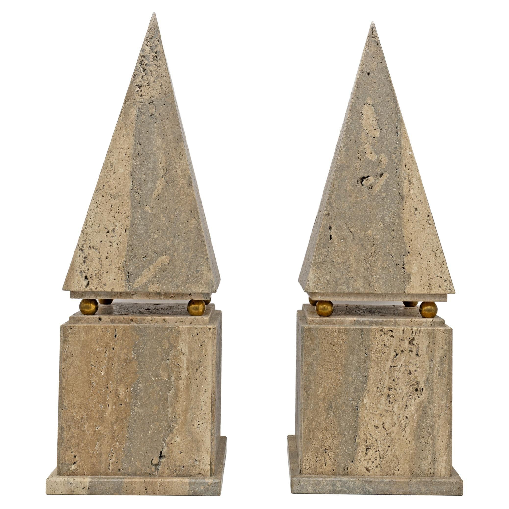 Pair of Italian Minimalist Roman Travertine Obelisk, Italy, 1970 | 1stDibs