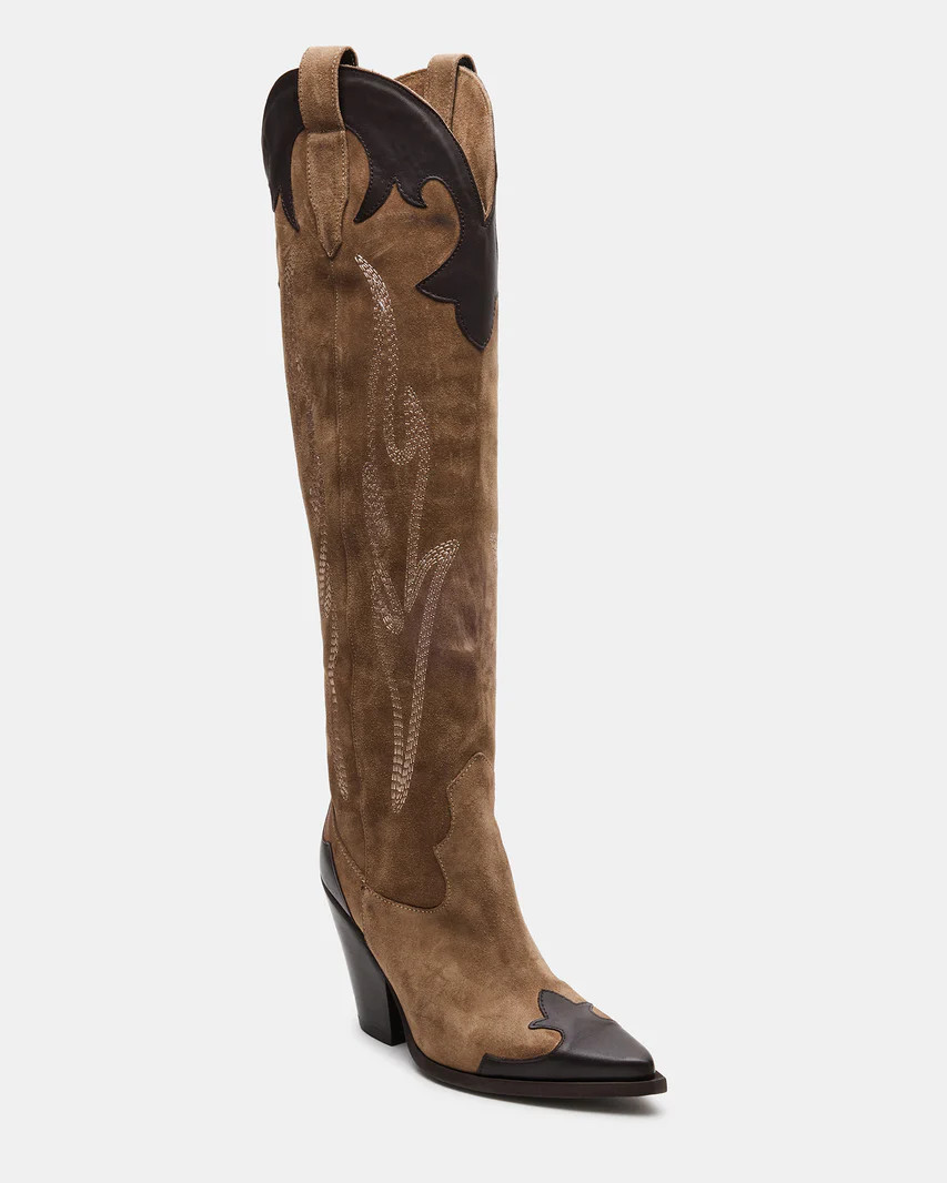 IGNITE Taupe Suede Knee-High Western Boot | Women's Boots | Steve Madden (US)