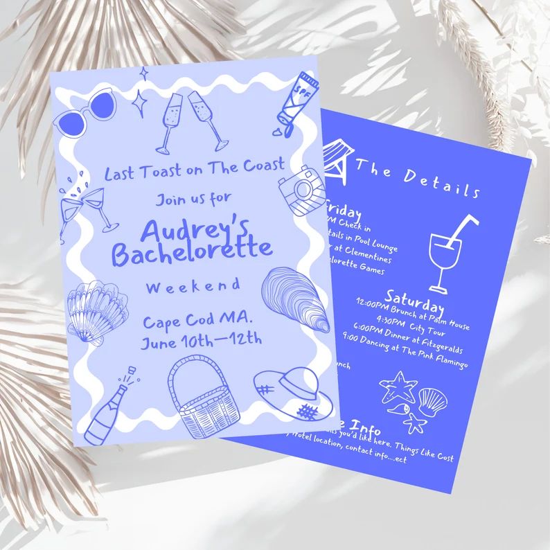 Editable Coastal Doodle Bachelorette Invitation Set Last Toast on the Coast Bachelorette Invite, ... | Etsy (US)