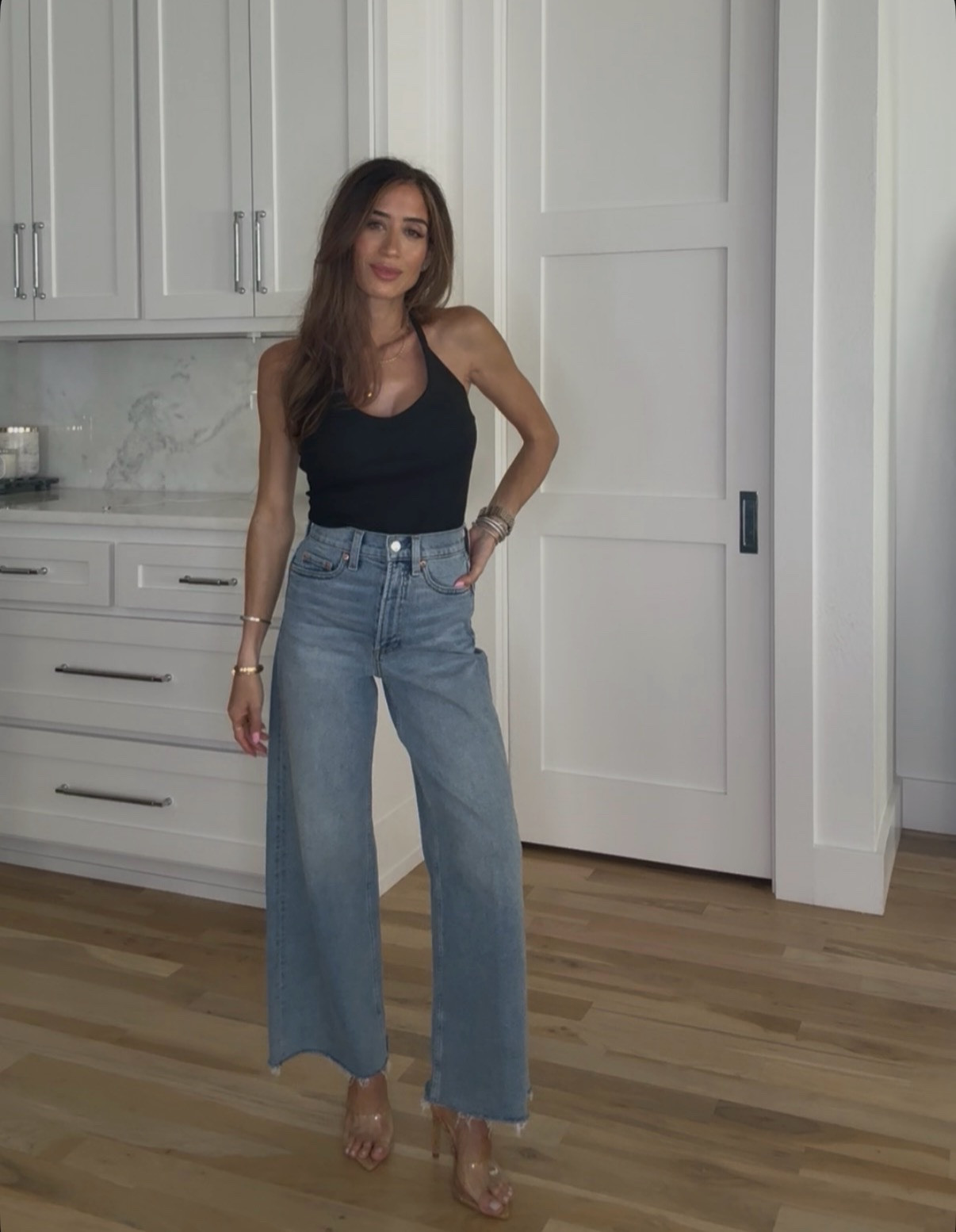 Spring outfit wide leg jeans size 23 halter ribbed top 

#LTKootd #LTKSaleAlert