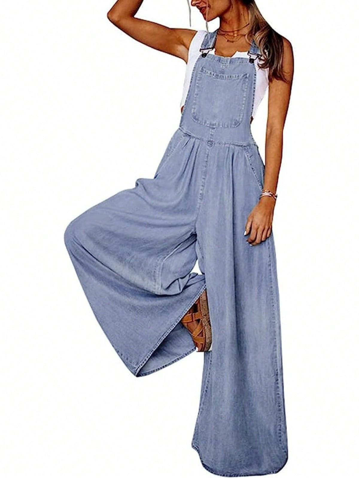 NewTrendsCICILEEDA Women's Denim Overall Casual Stretch Adjustable Bib Jeans Wide Leg Jumpsuits | SHEIN