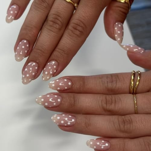 Medium Almond Press on Nails with White Polka Dot Designs Stick on Nails Cute Pink Nails Press Ons Artificial Full Cover Acrylic Glue On Nails for Women Nail Art Decoration 24Pcs | Amazon (US)