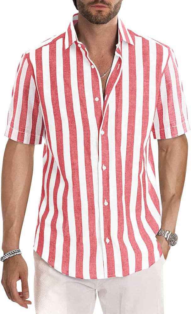 JMIERR Men's Casual Stylish Short Sleeve Button-Up Striped Dress Shirts Cotton Beach Shirt | Amazon (US)