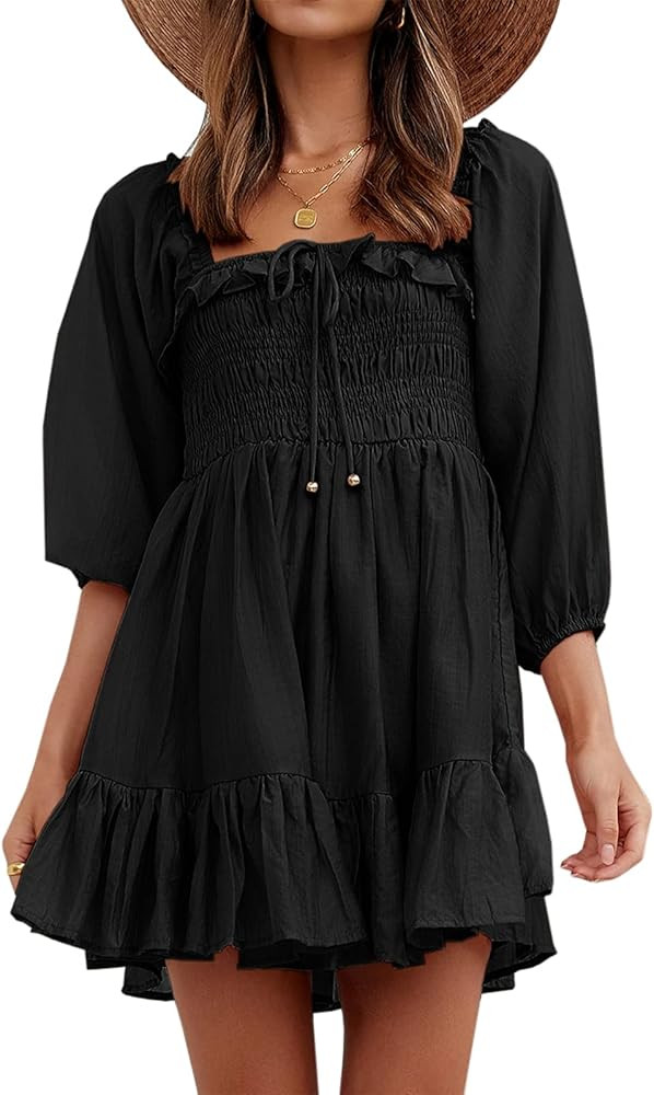 Dellytop Women's Puff Sleeve Smocked Dress Square Neck Ruffle A Line Flowy Chiffon Mini Dresses | Amazon (US)
