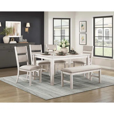 Modern Farmhouse 6Pc Dining Set Table Bench 4X Side Chairs Upholstered Seat Durable Wooden Furniture | Wayfair North America