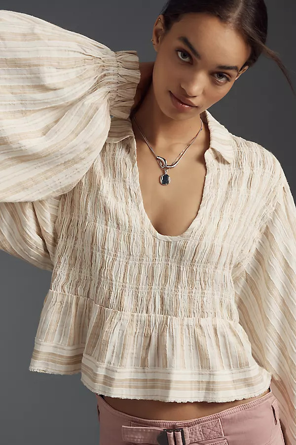 Balloon-Sleeve Scoop-Neck Collared Blouse | Anthropologie (US)