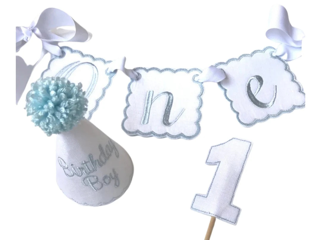 Birthday Boy 3 Piece Party Set I Baby Boy's 1st Birthday Party Hat Highchair Banner Keepsake Cake... | Etsy (US)