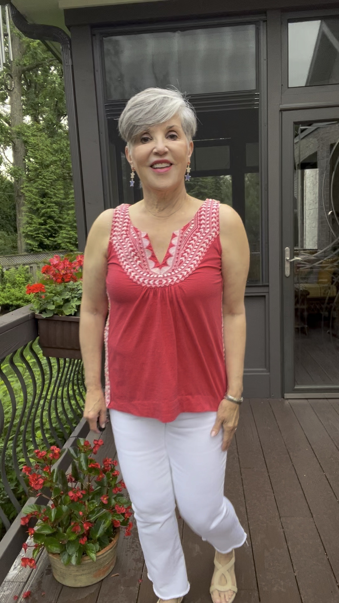 This is for you if you love boho looks! This fun watermelon 🍉-colored top is from Sundance. Paired with white jeans, tan sandals, and similar Fourth of July 🇺🇸 earrings!
#summeroutfit 
#summerfun
#redwhiteandblue 
#whitejeans

#LTKVideo #LTKFindsUnder50 #LTKSummerSales