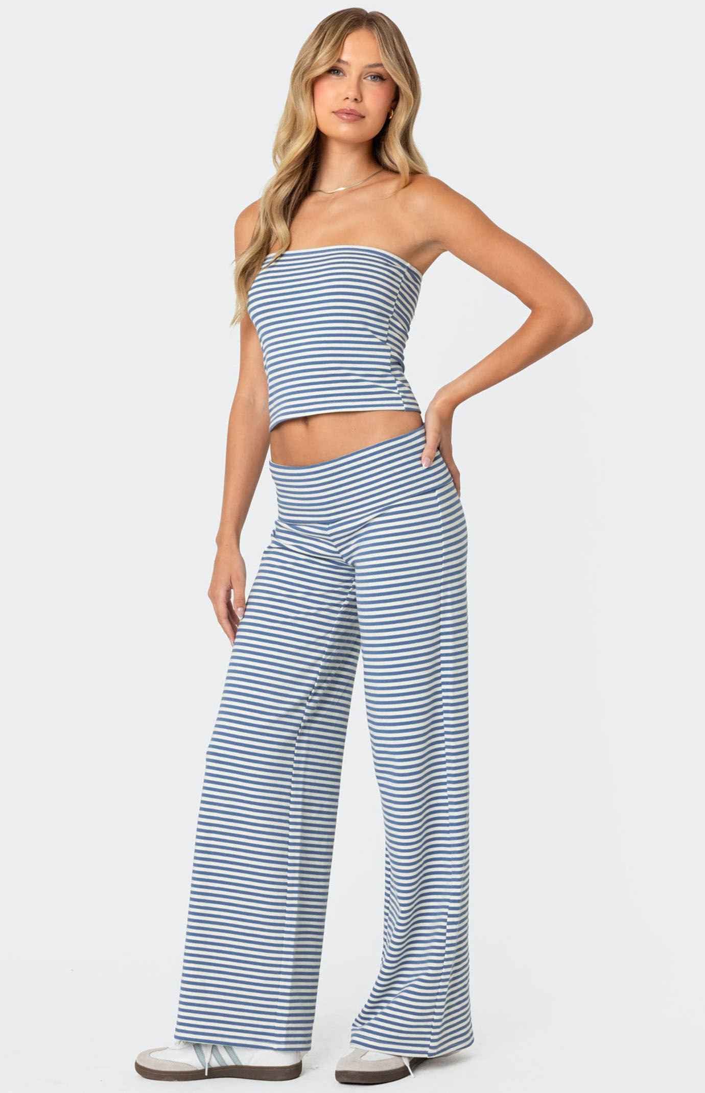 Edikted Women's Lilah Striped Fold Over Pants in Blue/White - Size XS | PacSun