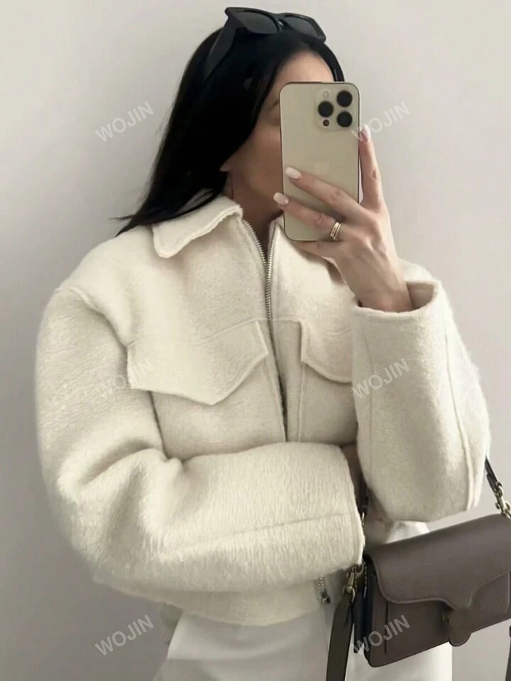 Women Simple Solid Color Woolen Jacket Top | SHEIN