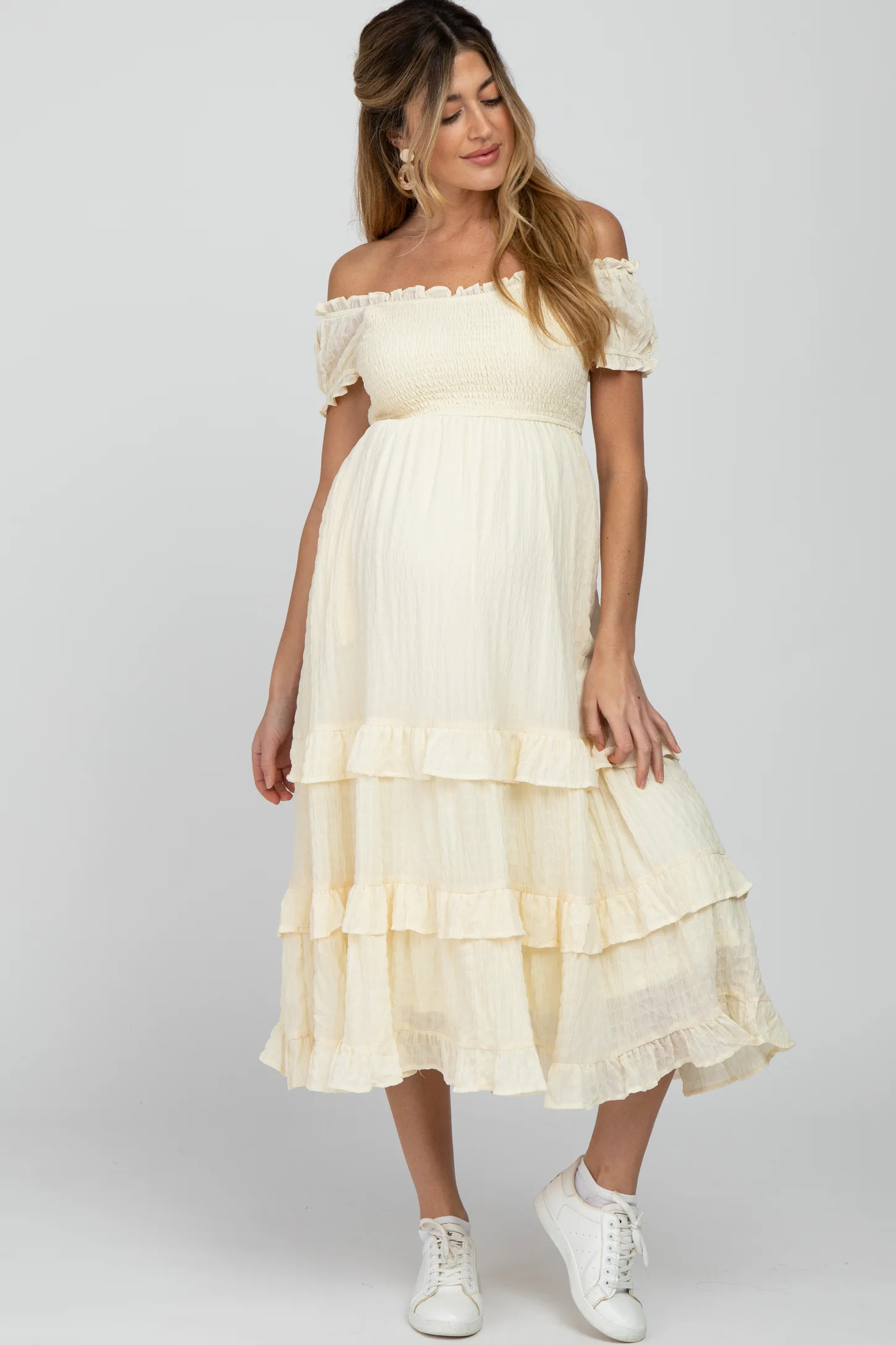 Ivory Smocked Ruffle Maternity Midi Dress | PinkBlush Maternity