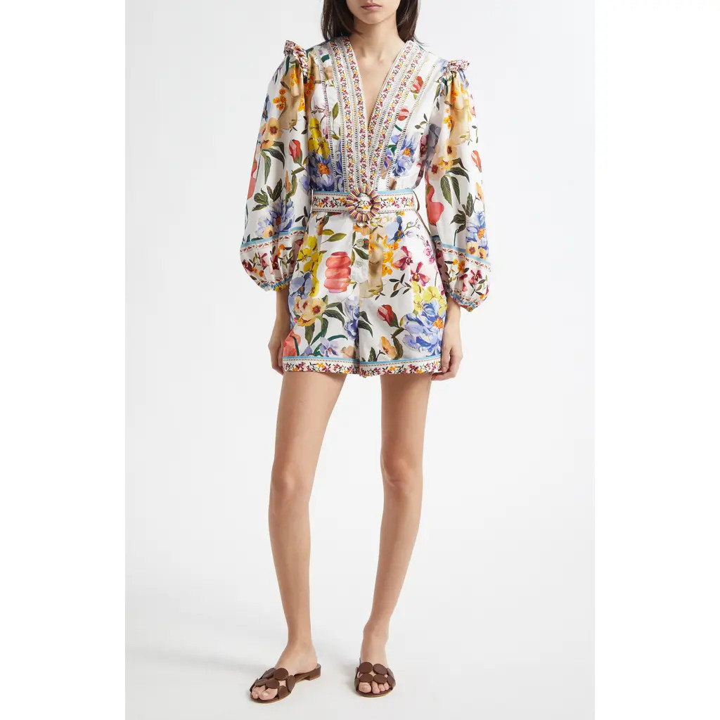 FARM Rio Greek Garden Long Sleeve Plunge Neck Cotton Romper in White Floral at Nordstrom, Size La... | Nordstrom