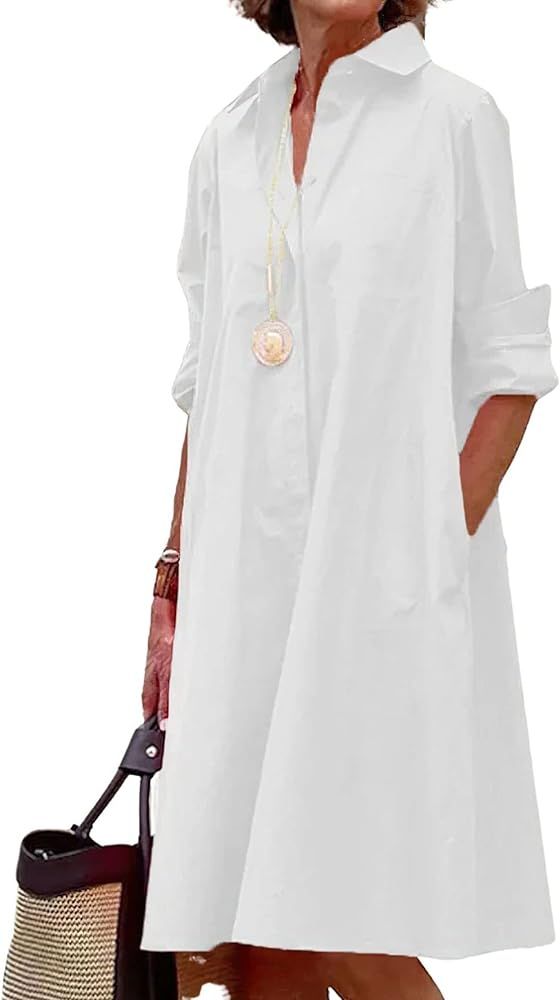 chouyatou Women's Spring Summer Button-Down Shirt Dress Loose A-Line Midi Shift Tunic Dress | Amazon (US)