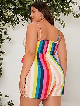 Floerns Women's Plus Rainbow Striped Wrap V Neck Tie Side Cami Romper Jumpsuits | Amazon (US)