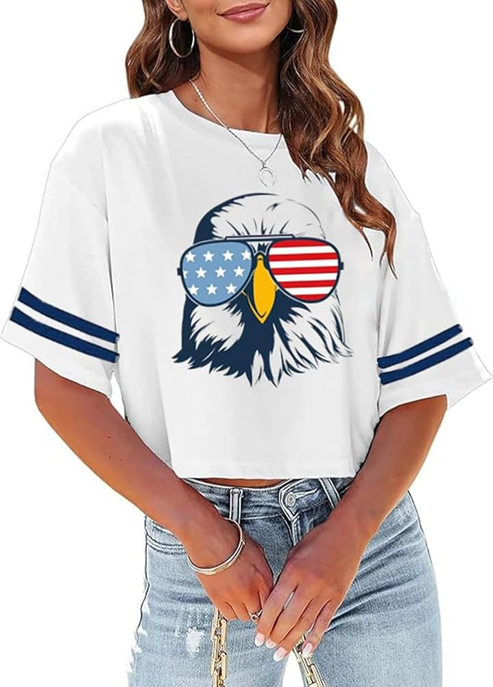 4th of July Shirts Women American Flag Crop Tops USA Patriotic T-Shirt Memorial Day Graphic Tee T... | Amazon (US)