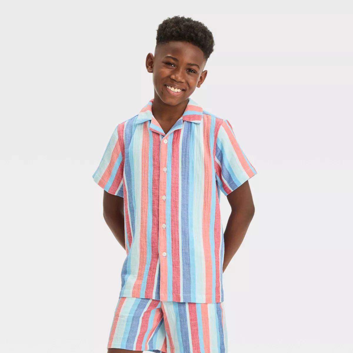 Boys' Short Sleeve Americana Vertical Striped Button-Down Shirt - Cat & Jack™ Blue | Target