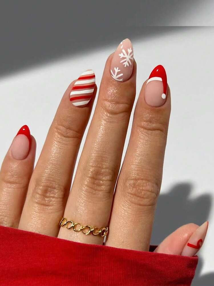 30 Pieces Of Christmas Press Nails, Short Almond-Shaped Nails, Red French Bow Stripes With Snowflake Nails, Christmas Atmosphere False Nail Design, Full Coverage Glossy Rod Nails, Reusable Acrylic False Nails, Suitable For Women's Christmas Nail Decoration Accessories, Snowflake Nail Design: Short Almond-Shaped False Nails | SHEIN
