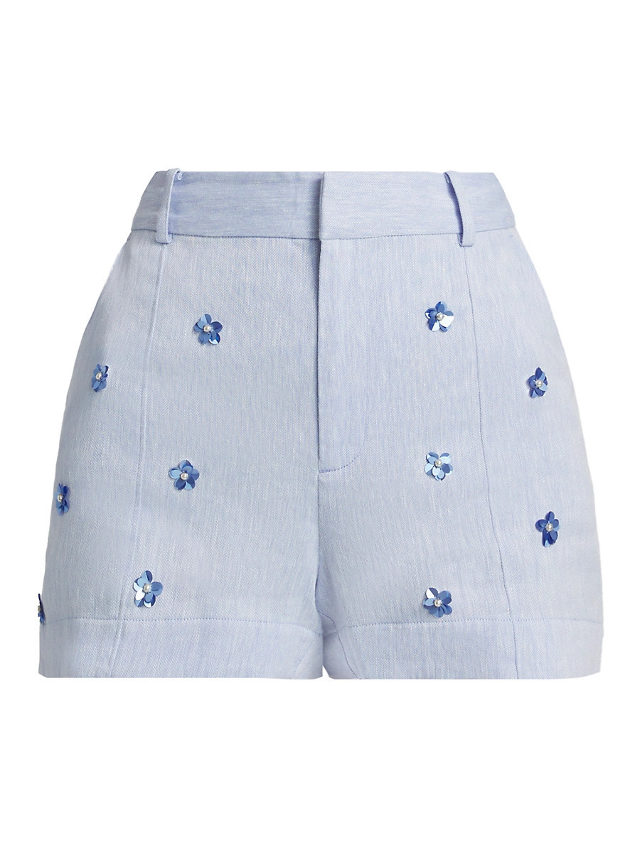 Women's Pearl Disty Tora Sequined Linen-Cotton Shorts - Blue Hydrangea - Size 12 | Saks Fifth Avenue