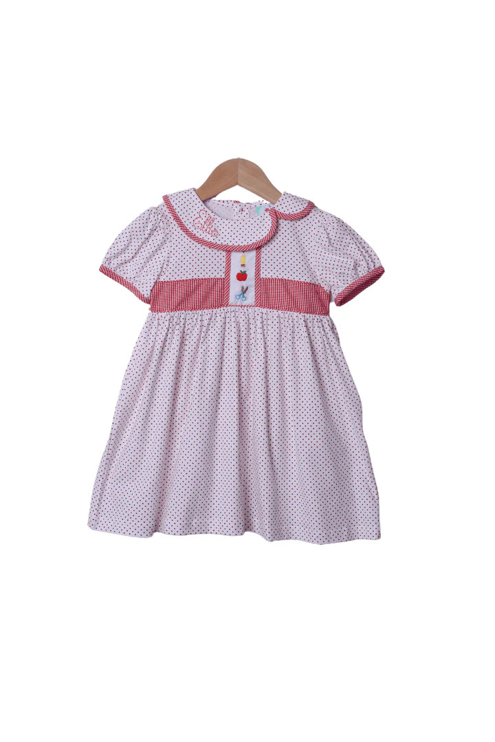 Embroidered School Supplies Red Bitty Dot Dress | The Smocked Flamingo