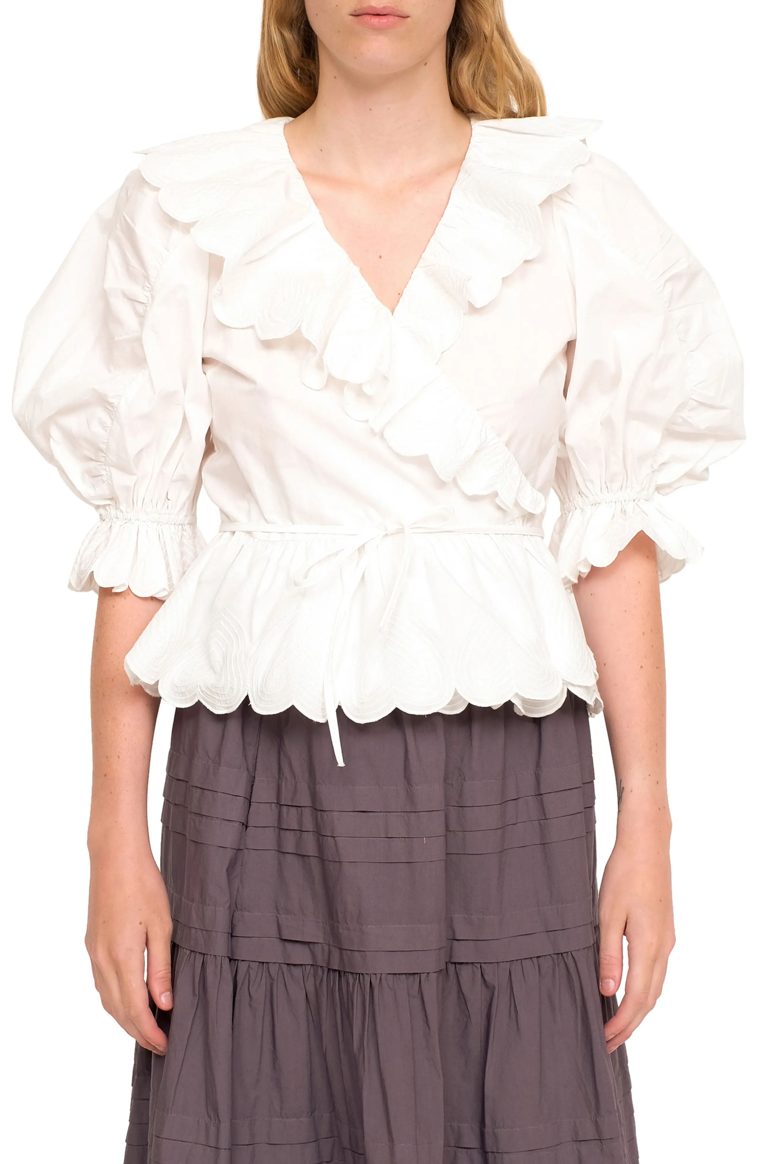 Sea Heidi Heart Puff Sleeve Cotton Wrap Blouse, Size 8 in White at Nordstrom | Nordstrom