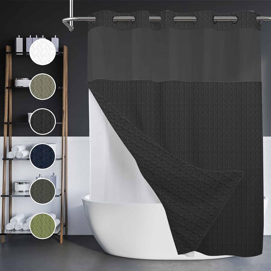 No Hook Shower Curtain with Snap in Liner Set Black Fabric Cloth Modern Shower Curtain for Hotel ... | Amazon (US)