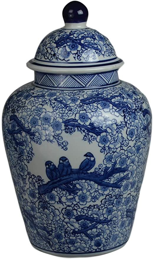 Festcool 12.5" Blue and White Porcelain Floral Temple Ginger Jar Vase, China Qing Style (Blue Bir... | Amazon (US)