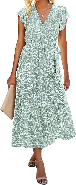 BTFBM Women Summer Bohemian Floral Casual Wrap V Neck Ruffle Cap Sleeveless Belt A-Line Pleated H... | Amazon (US)