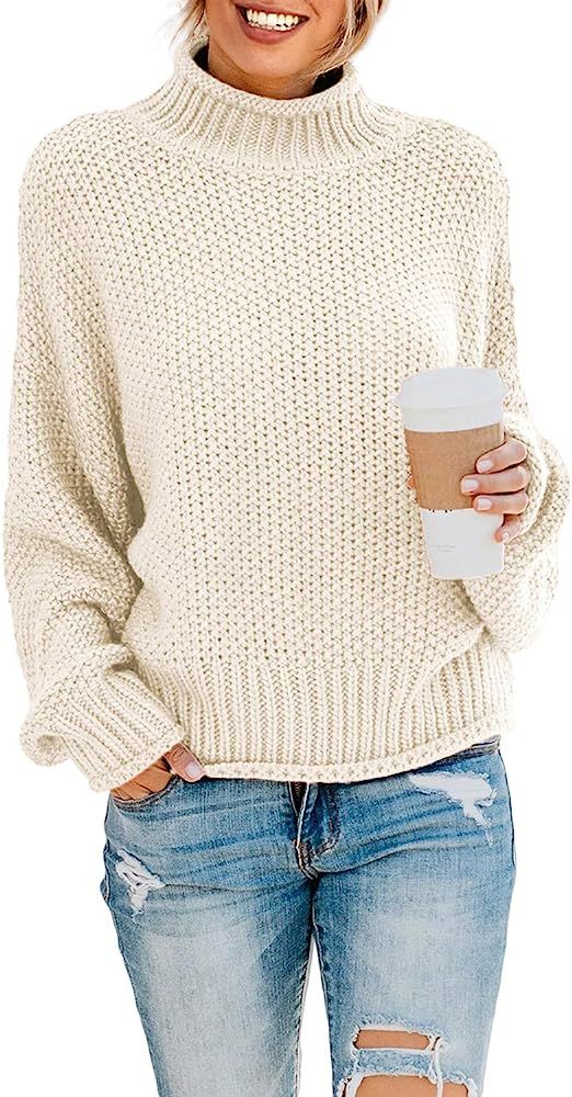 Dokotoo Womens Winter Solid Turtleneck Balloon Long Sleeve Sweaters Pullover Outerwear | Amazon (US)