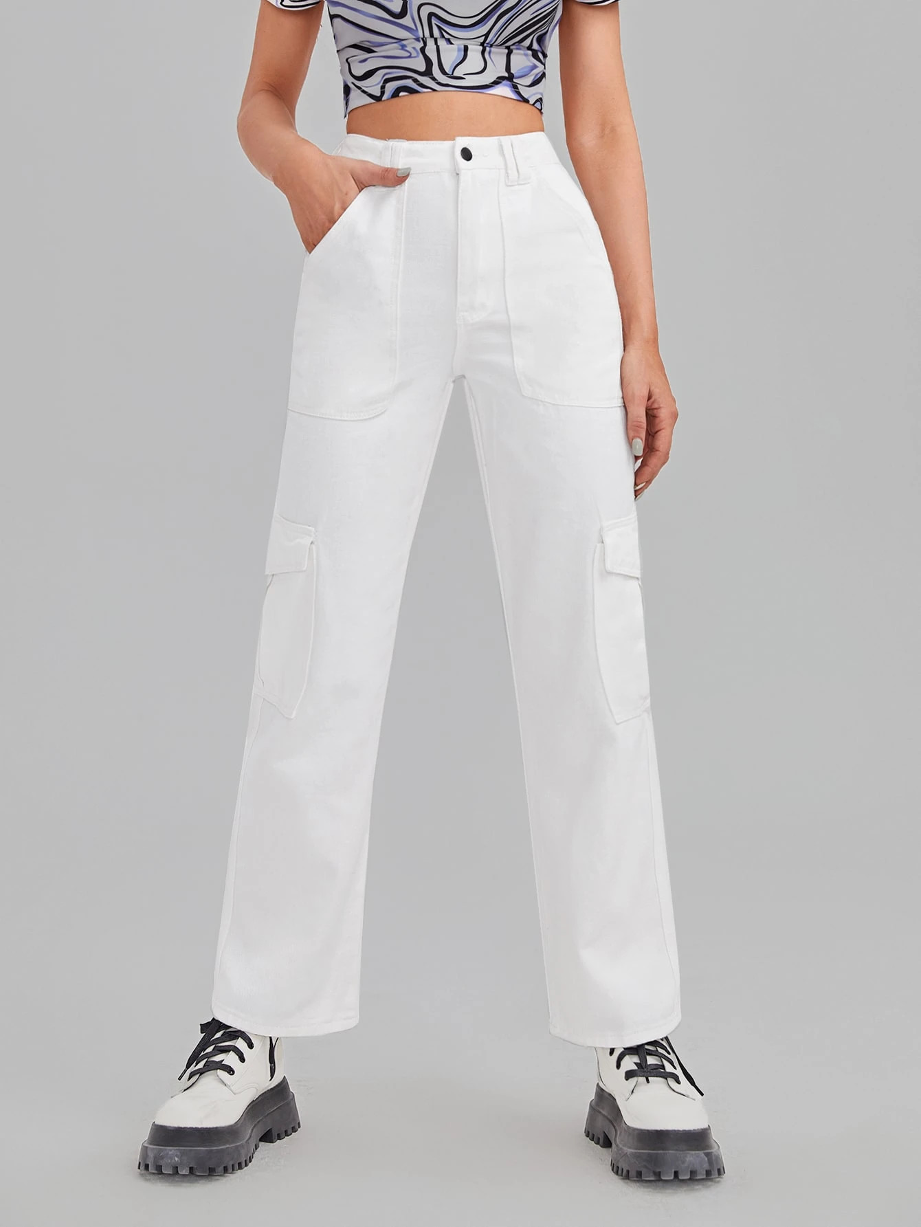 High Waist Flap Pocket Straight Jeans | ROMWE