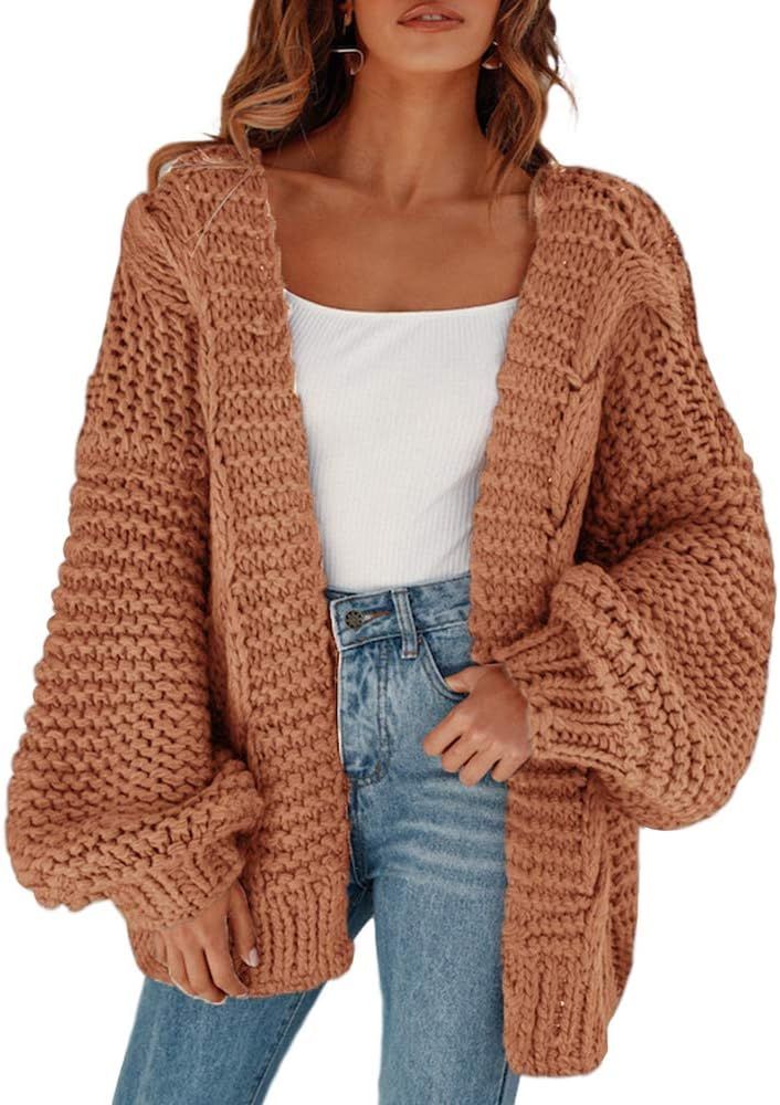 Cicy Bell Women's Open Front Chunky Knit Cardigan Loose Lantern Sleeve Oversized Sweater Coats | Amazon (US)